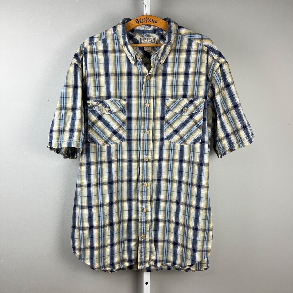 Duluth Trading Co Free Swingin Chambray Plaid Shirt‎ Mens 2XLT Blue Gold